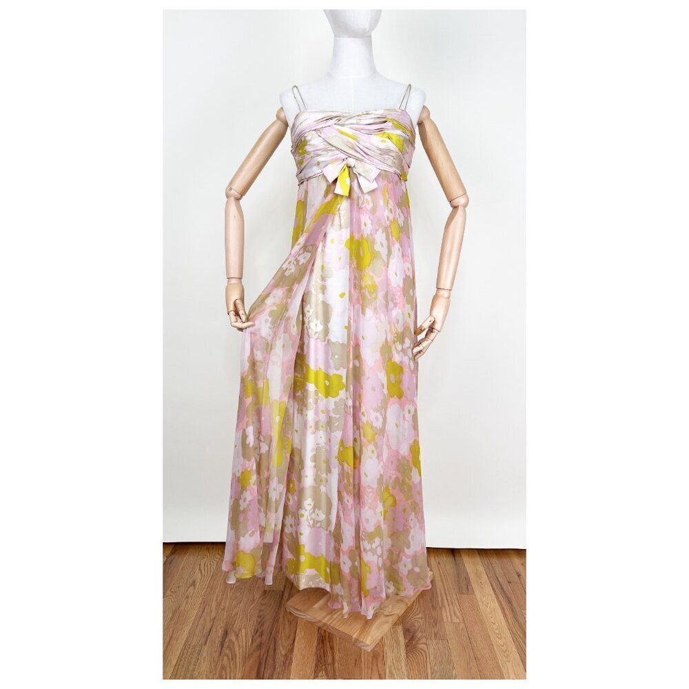 Vintage 60s 70s Custom Made Maxi Dress Gown Floral Print Pleated Romantic Boho